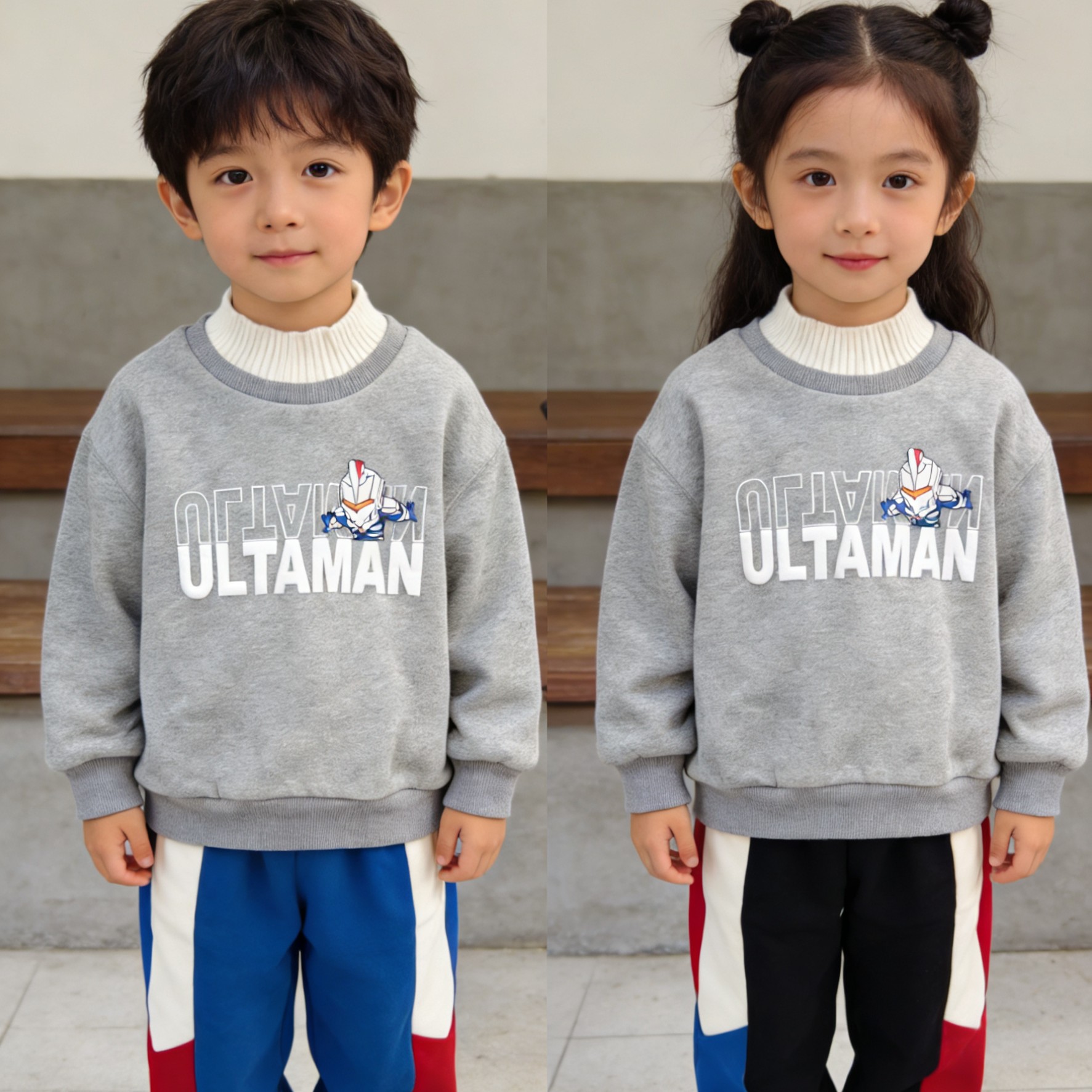 F2383男女童奥特曼冬季加绒加厚圆领长袖卡通保暖卫衣