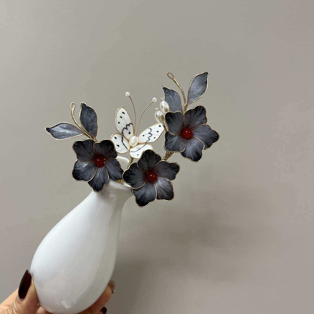 蚕丝绒花纯手工制作千金风发簪国风头饰簪子古风复古发夹边夹