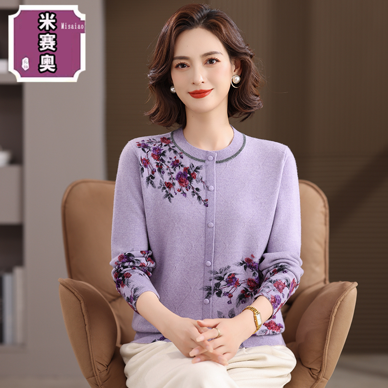中老年妈妈装秋冬新款100%羊毛衫圆领套头针织假开衫长袖保暖上衣