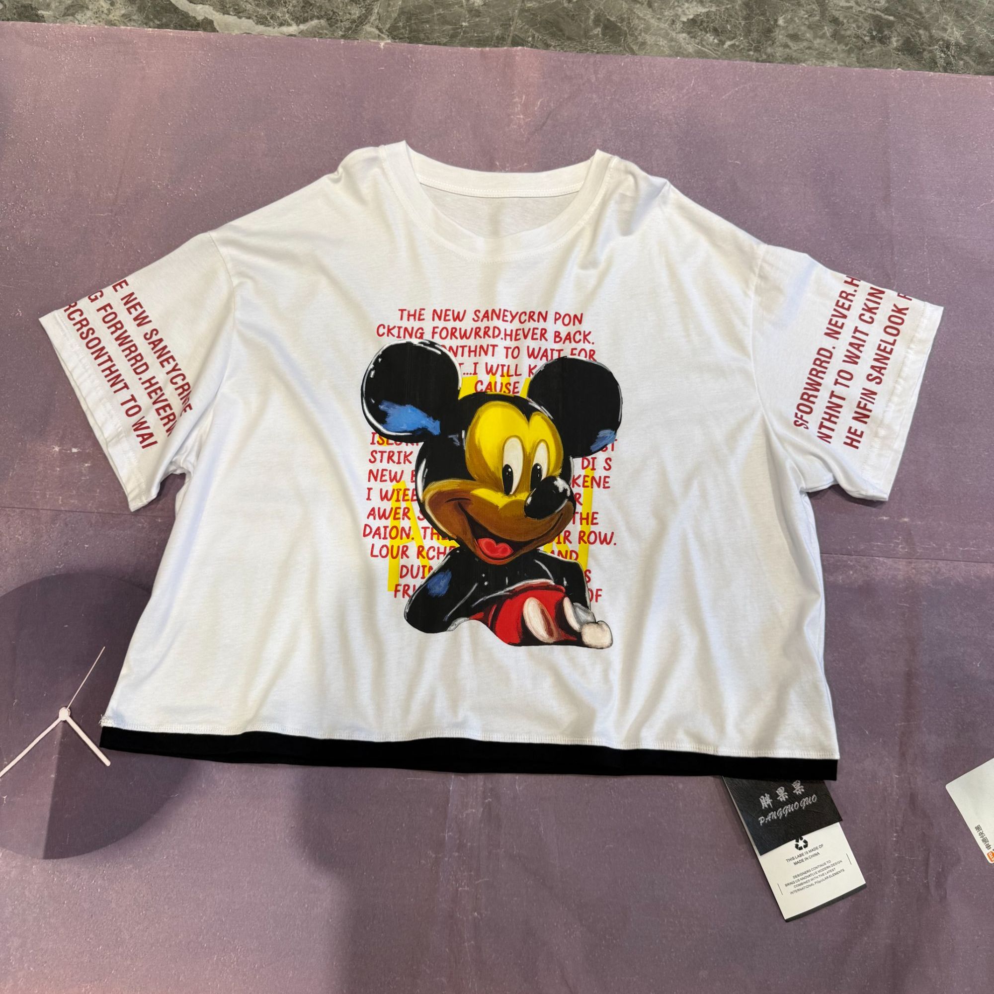 26826夏季休闲百度字母米奇宽松撞色边T恤