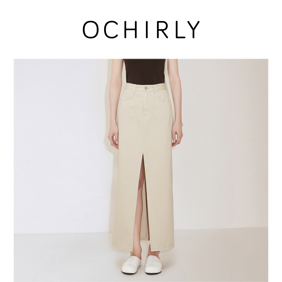 ochirly欧时力 牛仔半身裙女直筒长裙开衩气质通勤秋季新