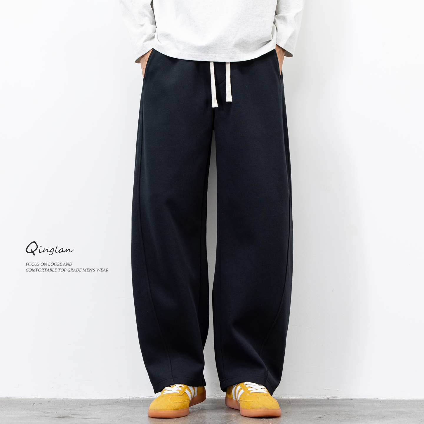 黑色裤子男宽松直筒美式休闲运动卫裤加绒加厚秋冬新款阔腿弯刀裤