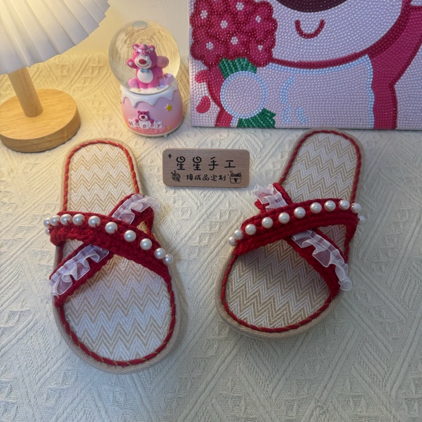 成品鞋 手工钩织蕾丝珍珠交叉凉拖鞋孺子牛亚麻鞋底居家凉拖