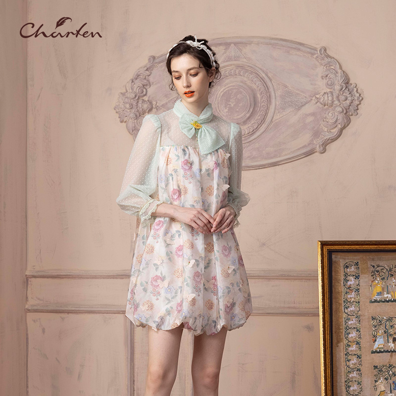 【达人专属】朝峰复古网纱小个子中国风连衣裙CFD1C133-1100G