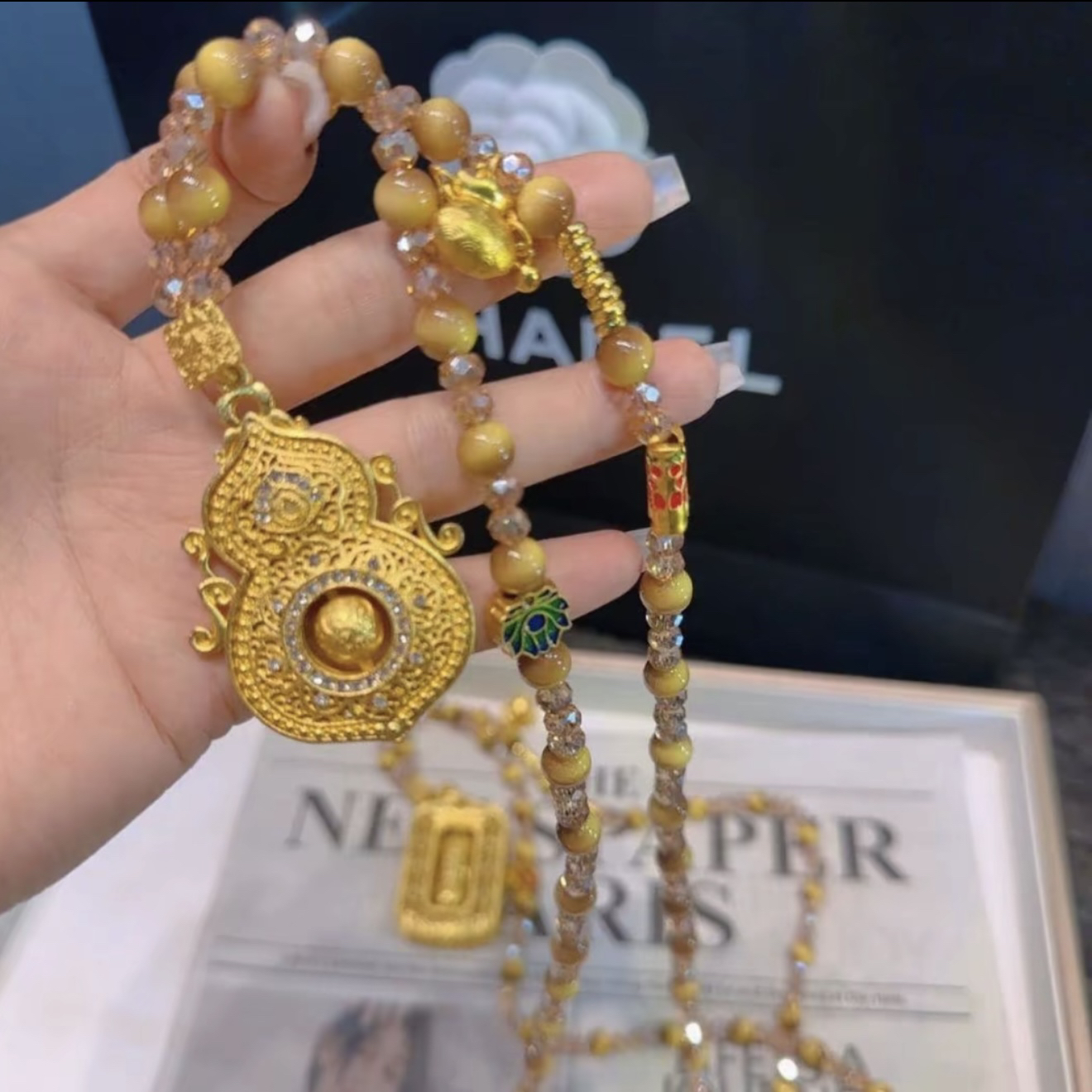 铜合金树脂项链 古法新中式莲花鱼葫芦项链