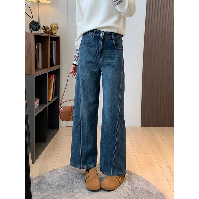 Aimeerosa/艾洛莎立体剪裁加绒阔腿牛仔裤女秋冬新款显瘦直筒长裤
