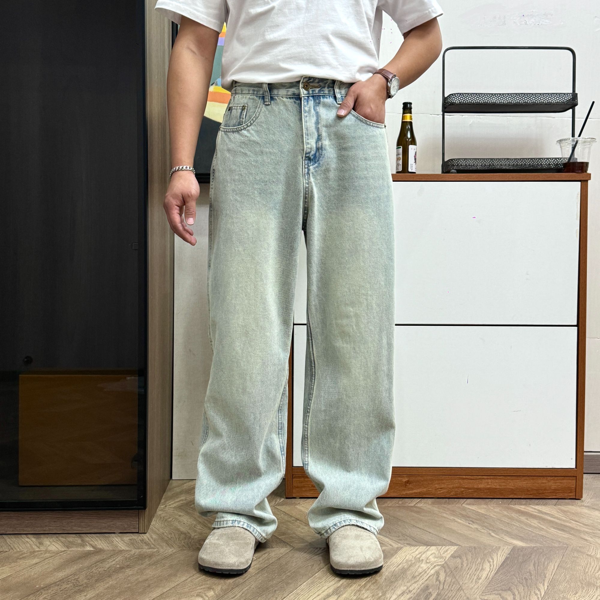 玖见复古牛仔裤男直筒美式宽松做旧垂感高街cleanfit潮牌痞帅长裤