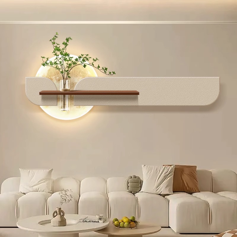 奶油风客厅水培绿植装饰画DIY插花横版月球壁画高级感砂岩挂画