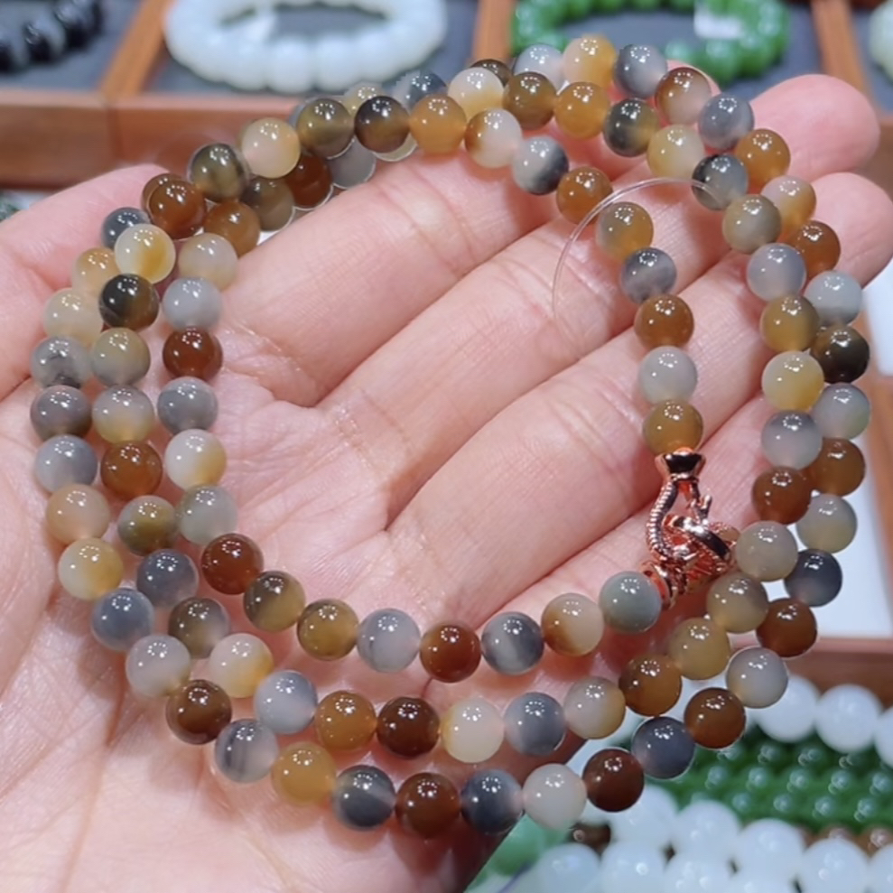 和田玉新疆楼兰三色项链多圈手串6mm