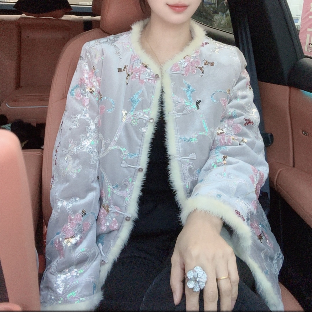 【卷珠帘】冬季新中式国风水貂毛双面双穿加绒加厚口袋女装外套