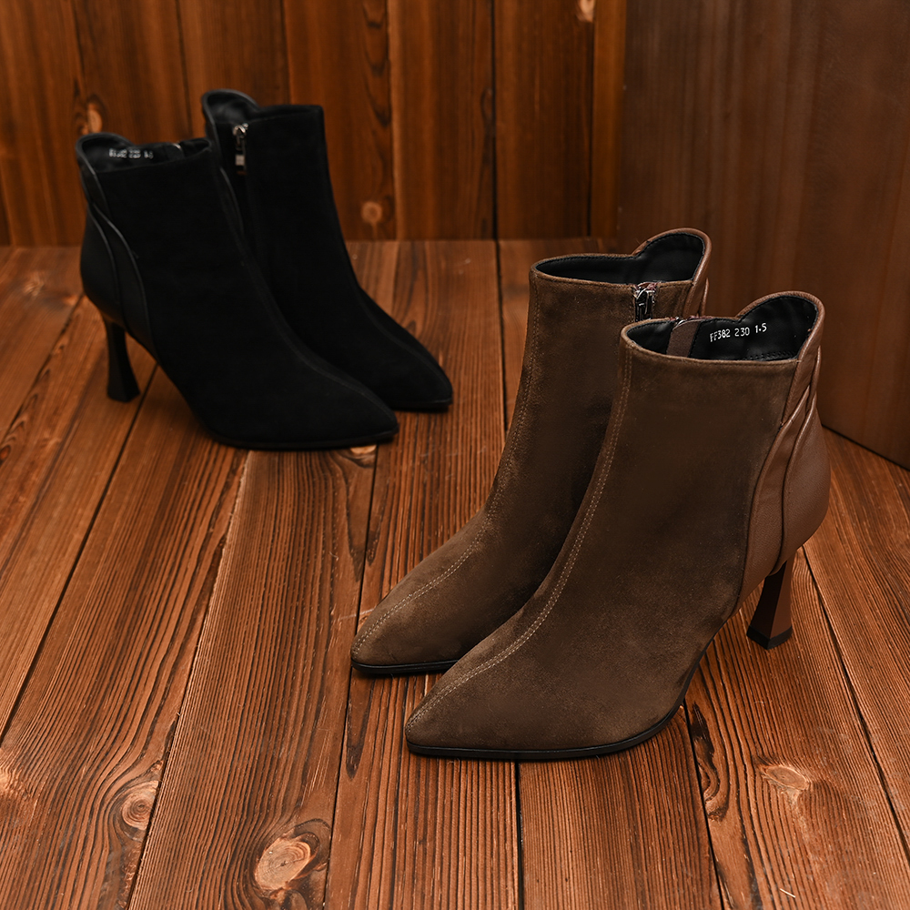 真皮羊皮尖头细高跟侧拉链短靴女秋冬新款拼接时尚百搭通勤瘦瘦靴