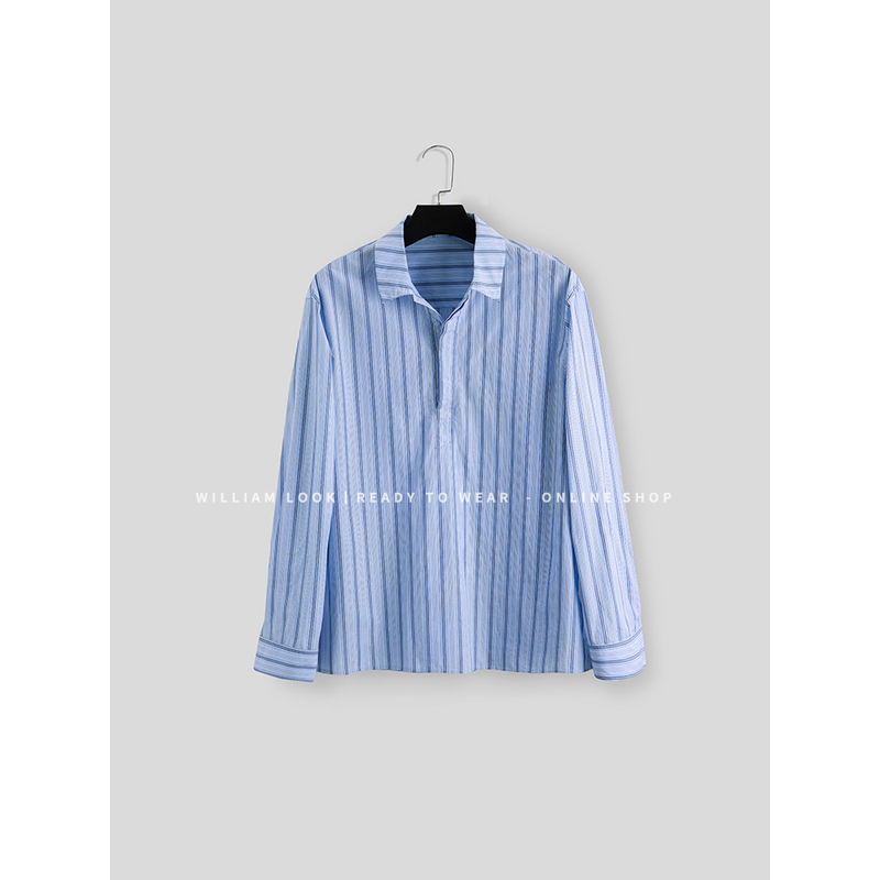 威廉威 男女同款【竖条衬衣】夏日竖条开胸套头宽松衬衫B513