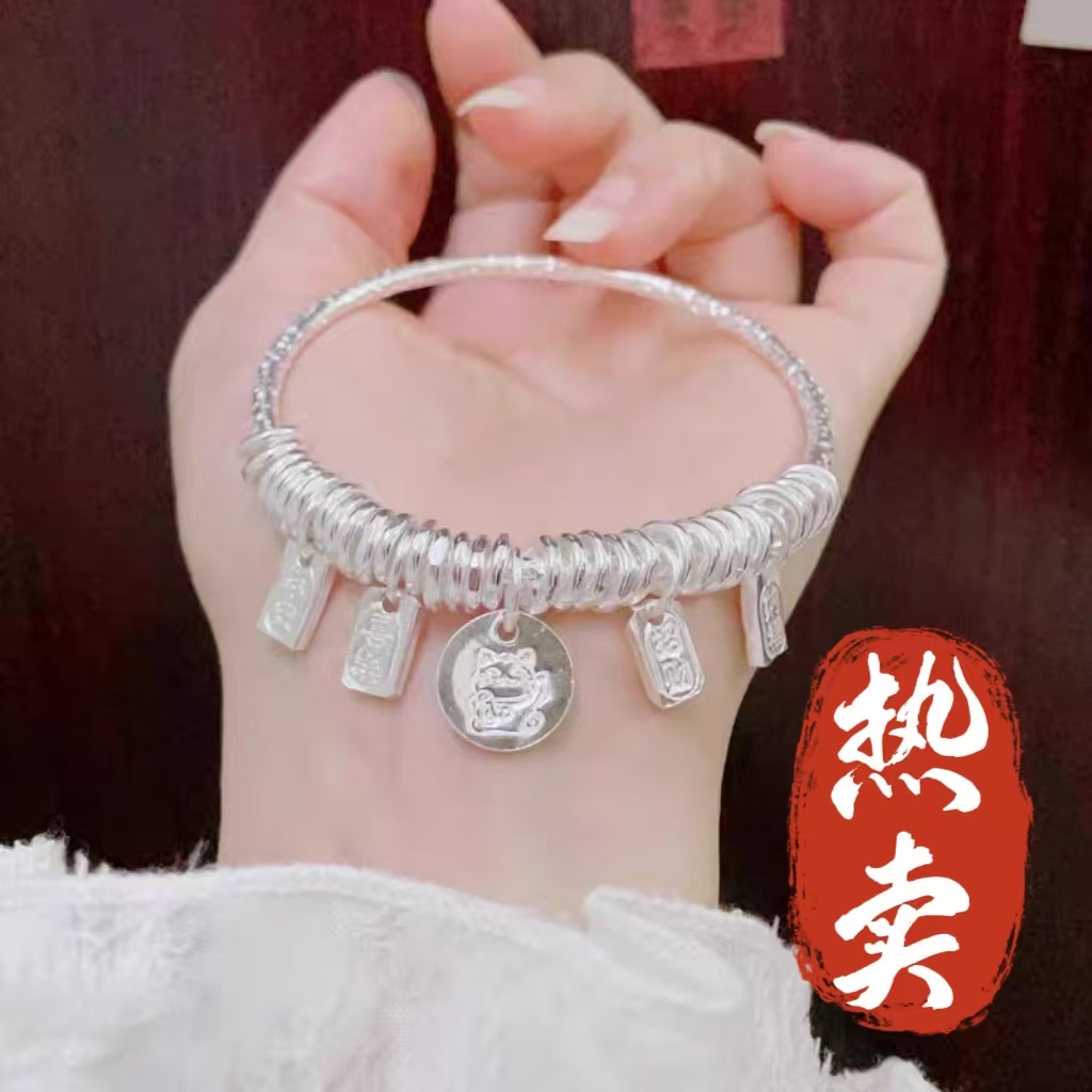 足银手镯 55号-招财猫吉言盘缠银手镯【闭口】手镯