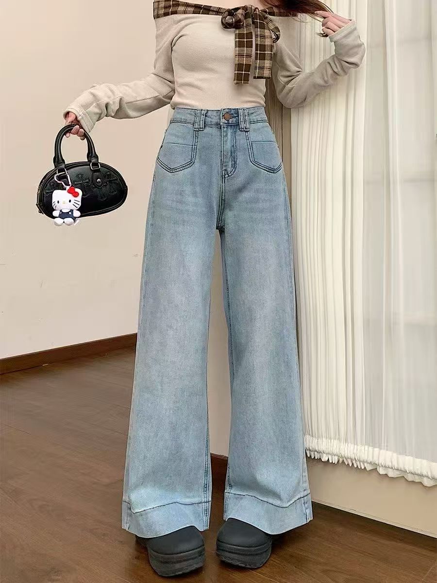 冬季复古时尚水洗女牛仔裤高腰喇叭裤百搭宽松长裤