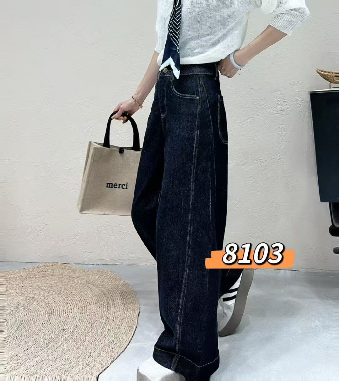 8103-2#厚绒黑金牛仔裤复古蓝阔腿裤复古秋季大码休闲