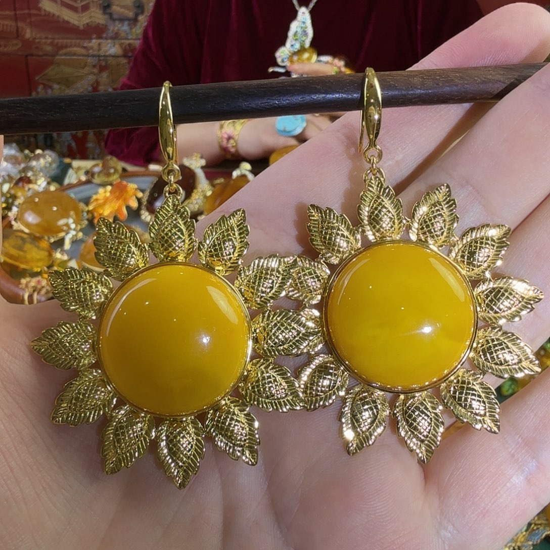 蜜蜡银S925镀金镶嵌耳环