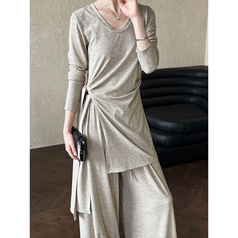 2025春季套装慵懒中长款开叉绑带T恤+阔腿拖地裤两件套