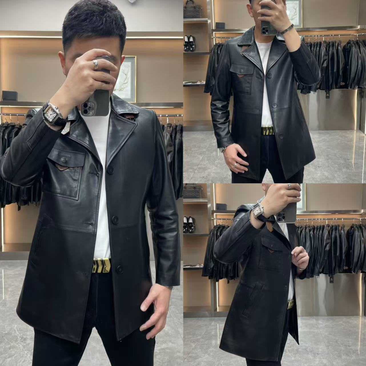 秋冬修身常规款翻领潮流休闲秋冬黑金山羊皮中长款真皮皮衣26002