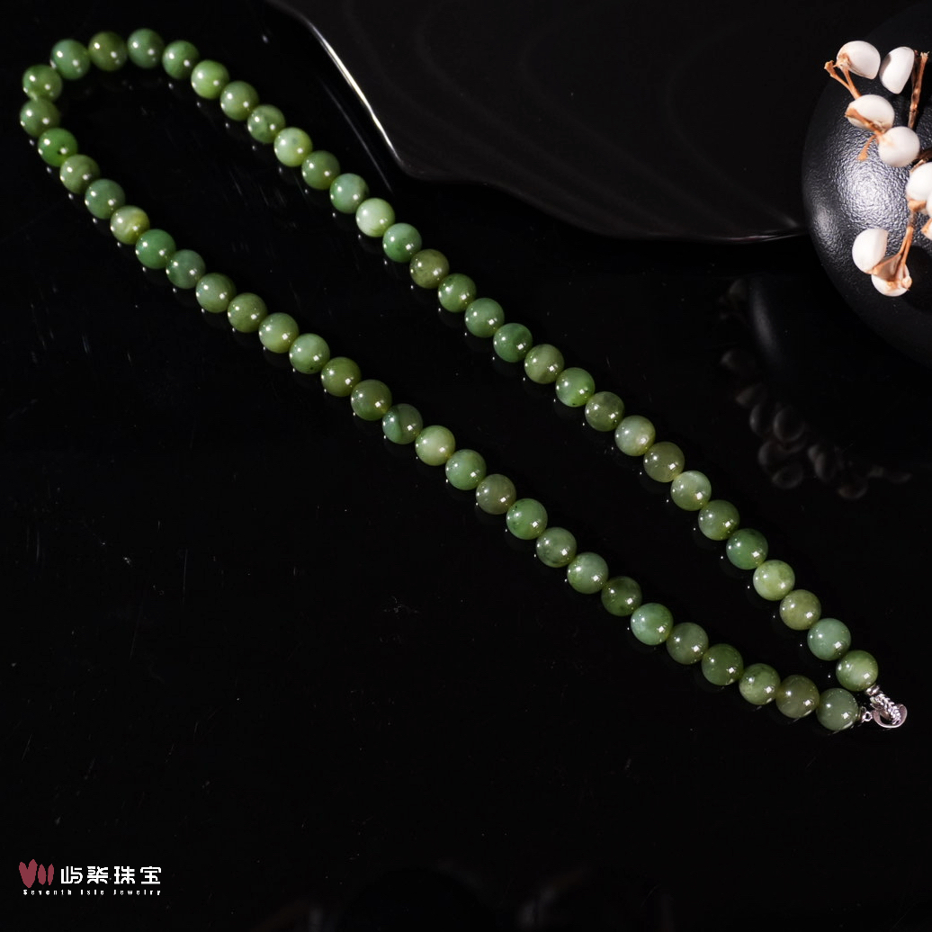 A287 和田玉银S925镶嵌 俄料猫眼碧玉圆珠银配项链 结构放漏 防跑