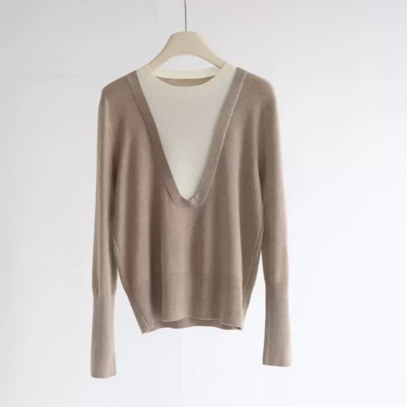 【大连冉然】2025时尚休闲气质百搭网红假两件长袖针织衫