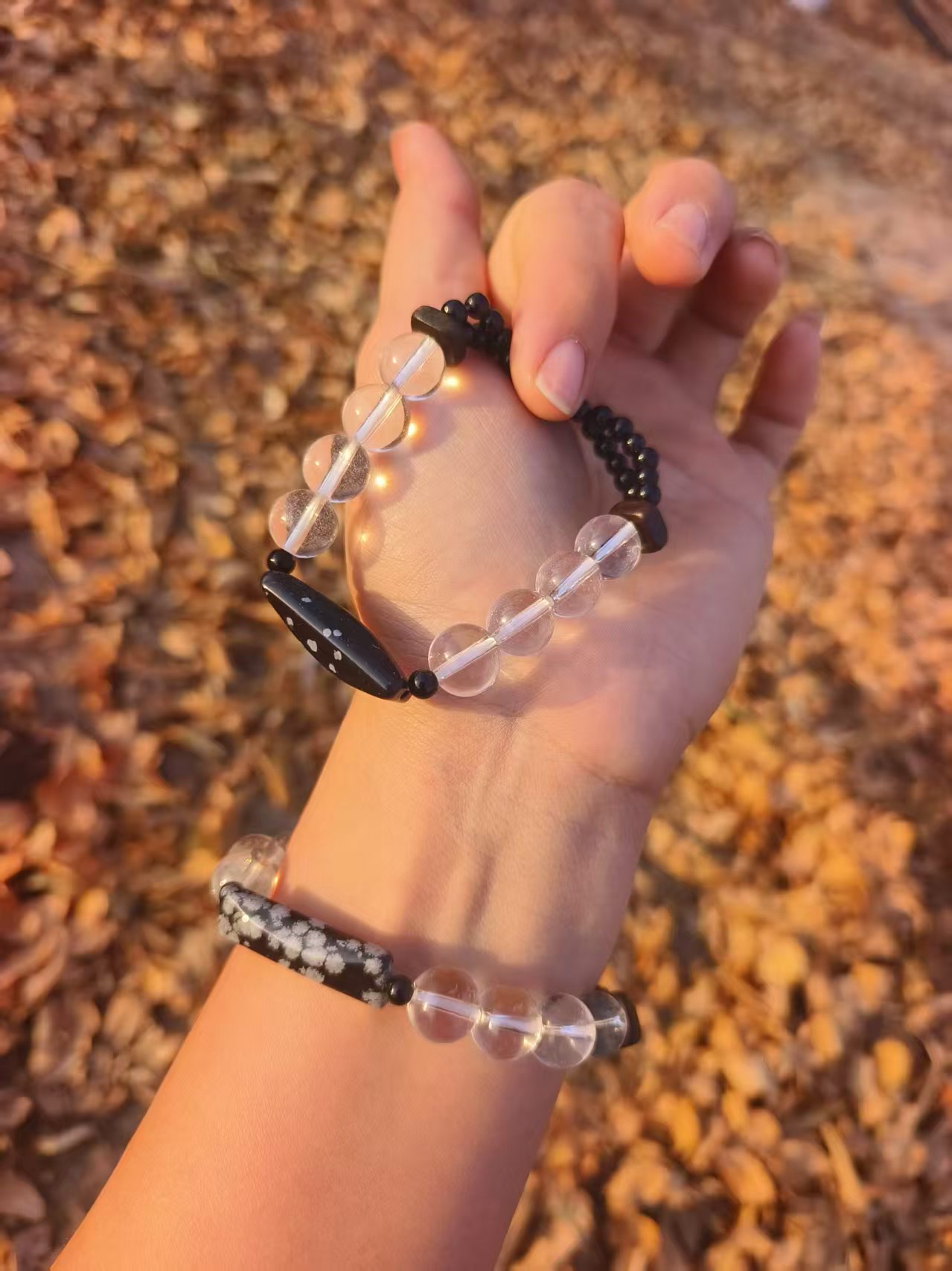 手链 手串雪花黑白单圈素款弹力手工情侣小众手串