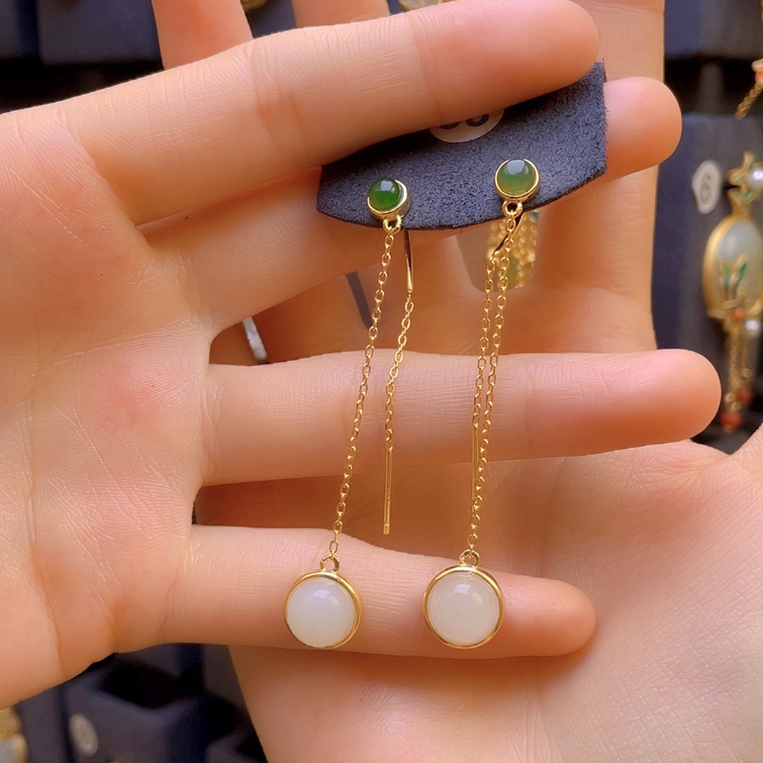 和田玉耳饰银S925镀金镶嵌