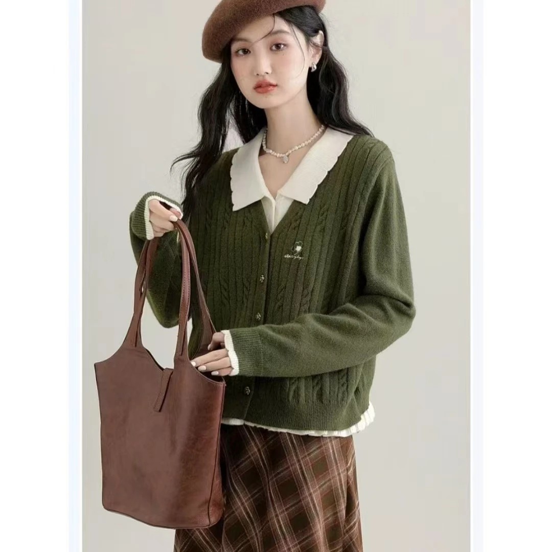 胖MM秋冬高级感撞色假两件开衫毛衣洋气百搭上衣