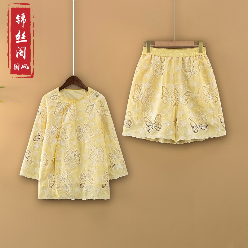【金蝶】2025新款夏季新中式宽松镂空提花上衣+短裤国风两件套装女