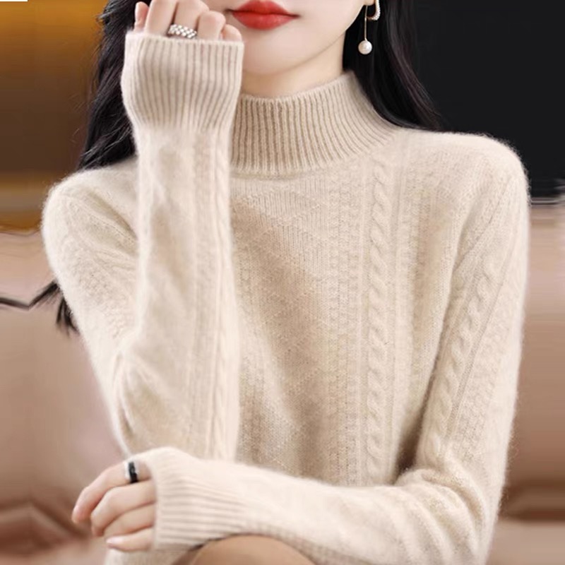 100%羊毛衫冬款加厚绞花打底半高领毛衫女套头毛衣百搭宽松