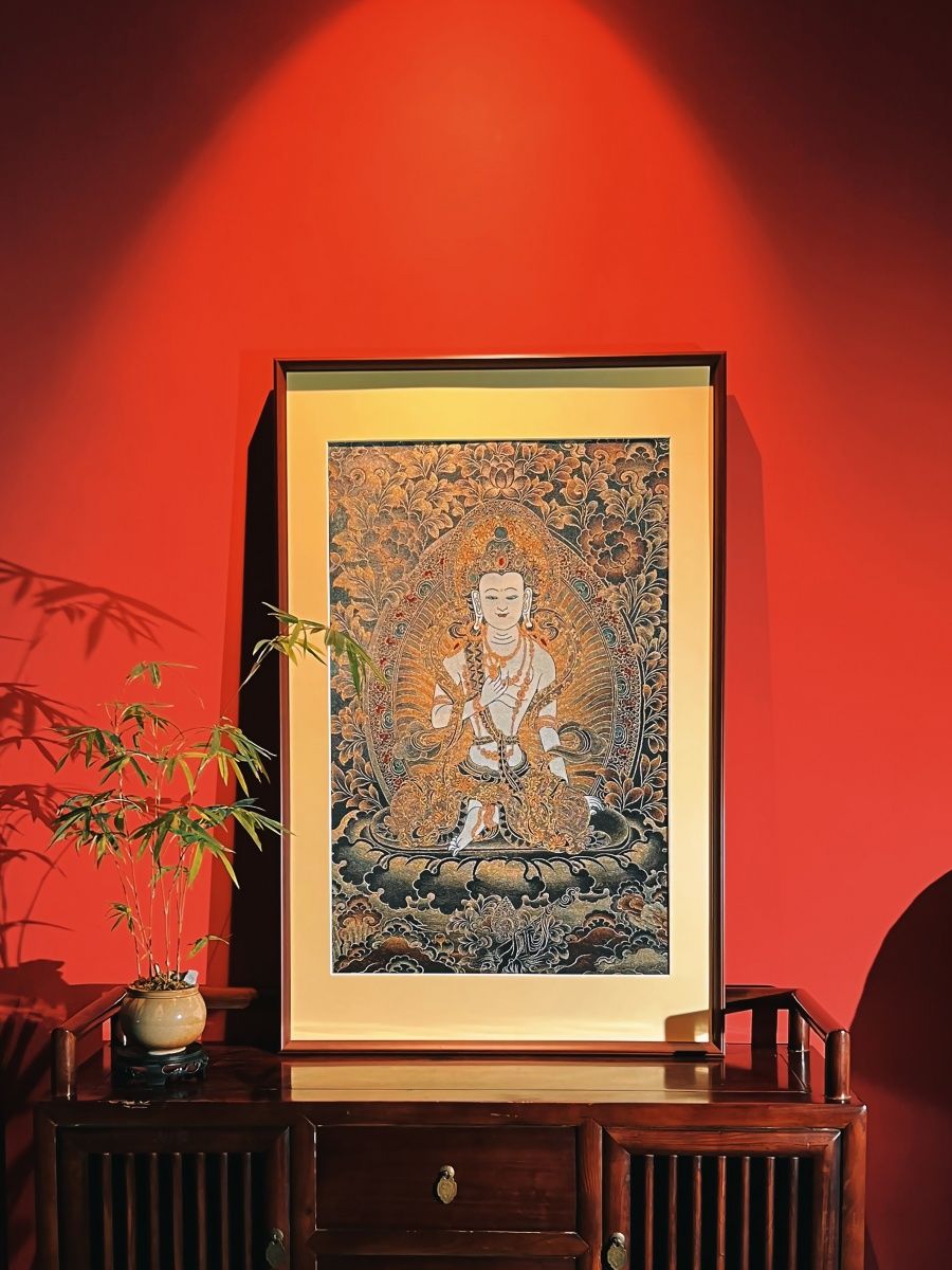 大势至菩萨唐卡茶室客厅沙发背景墙入户门西藏热贡藏传藏式装饰画