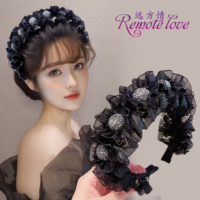 remote love/远方情轻奢钻球网纱褶皱发箍女高颅顶显瘦发卡T2628