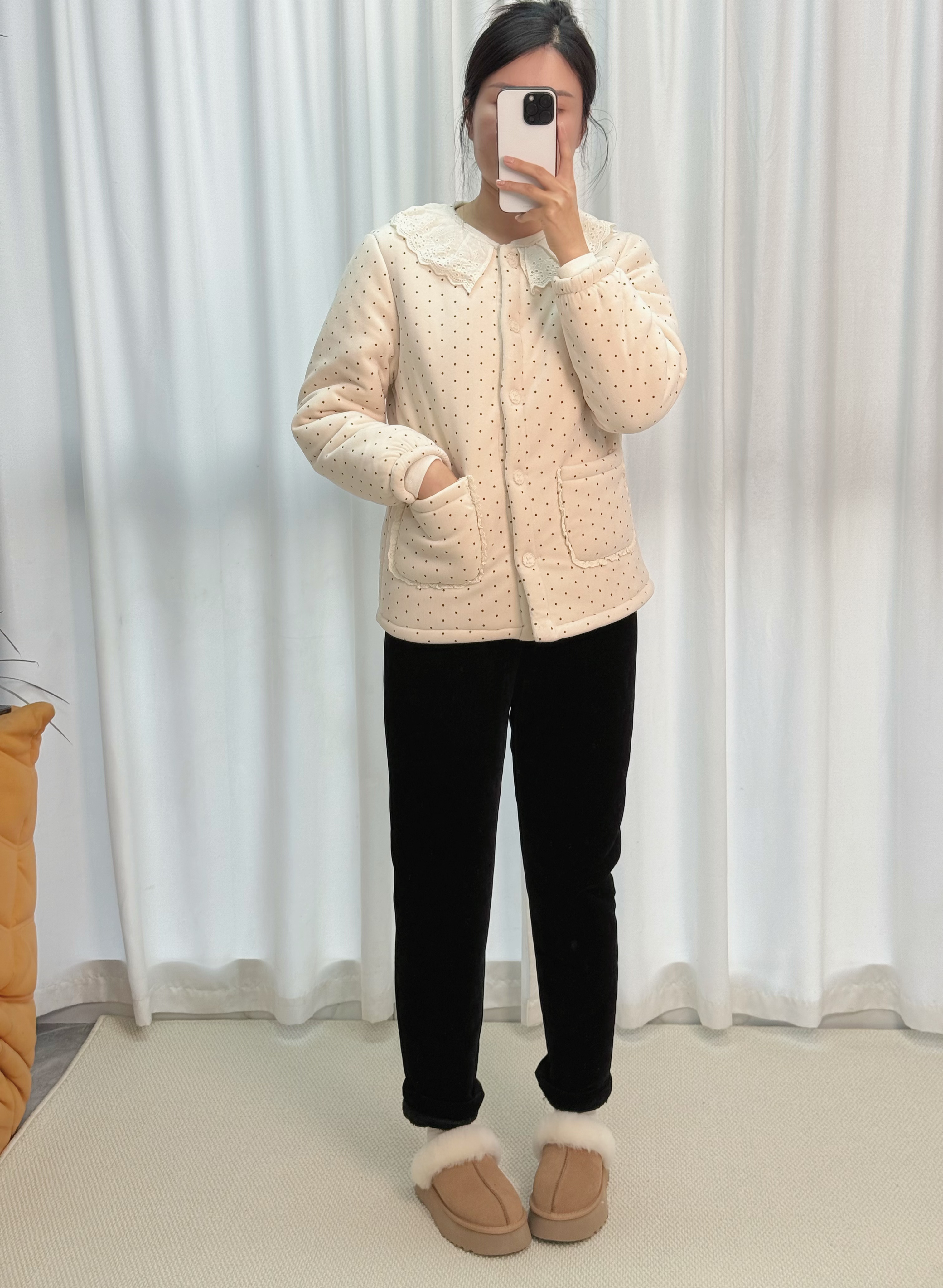 三层棉雷斯无领小花边加厚家居服休闲可外穿