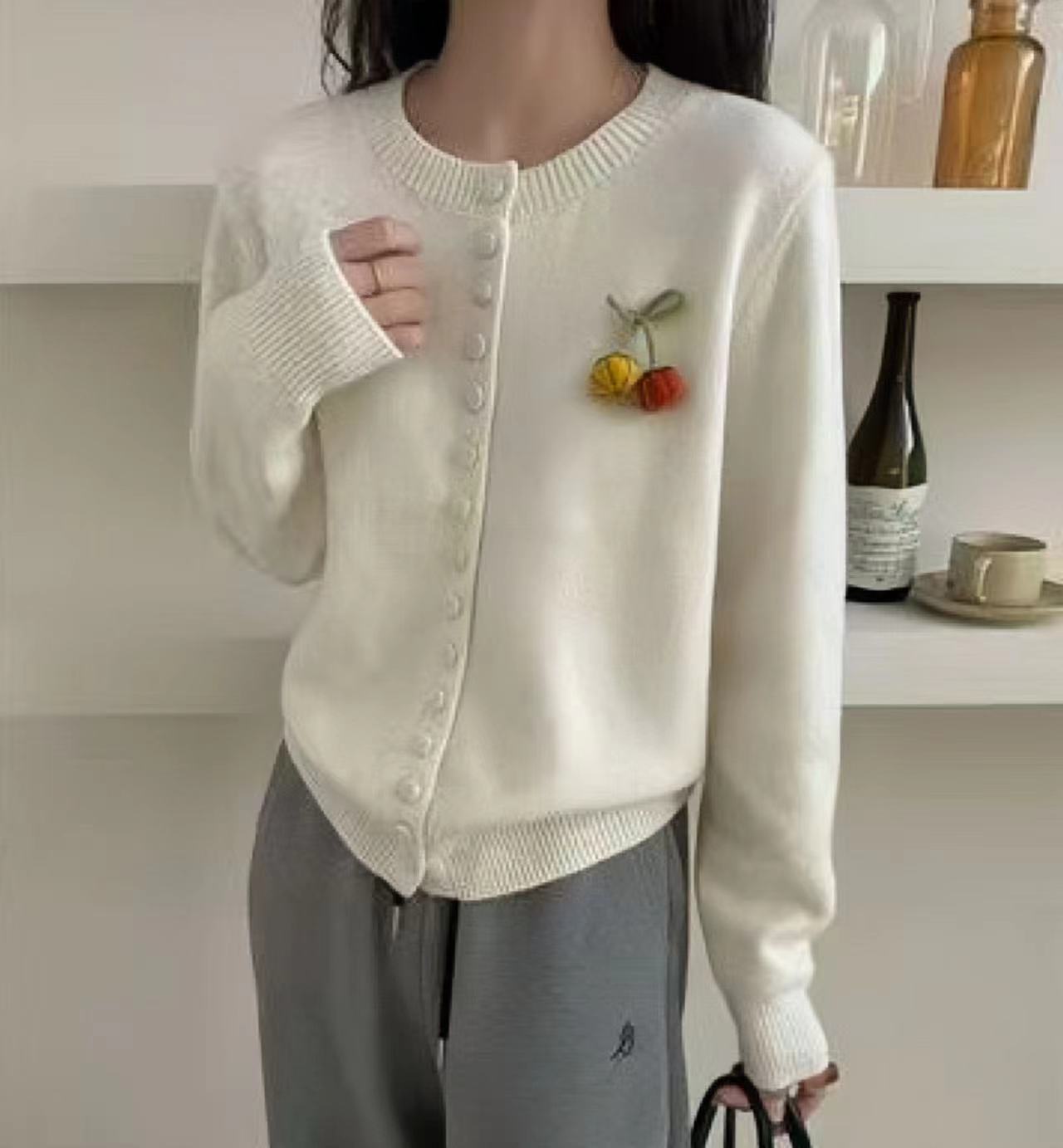欧洲站早秋高级小南瓜立体装饰时尚圆领木耳边袖口长袖开衫外套女