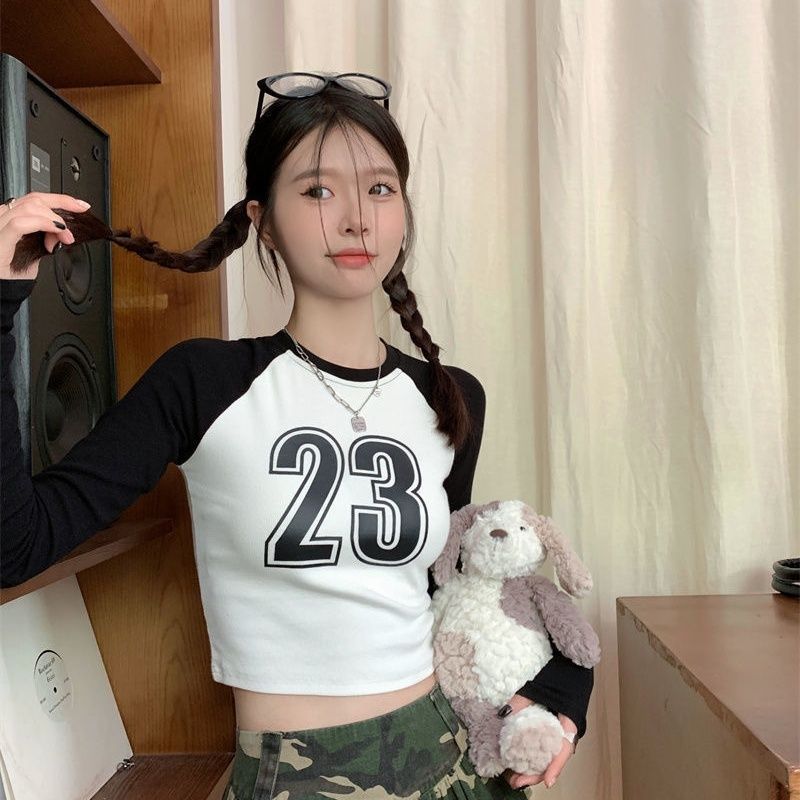 美式复古修身长袖T恤纯欲风拼接内搭打底衫女学生插肩袖上衣ins女