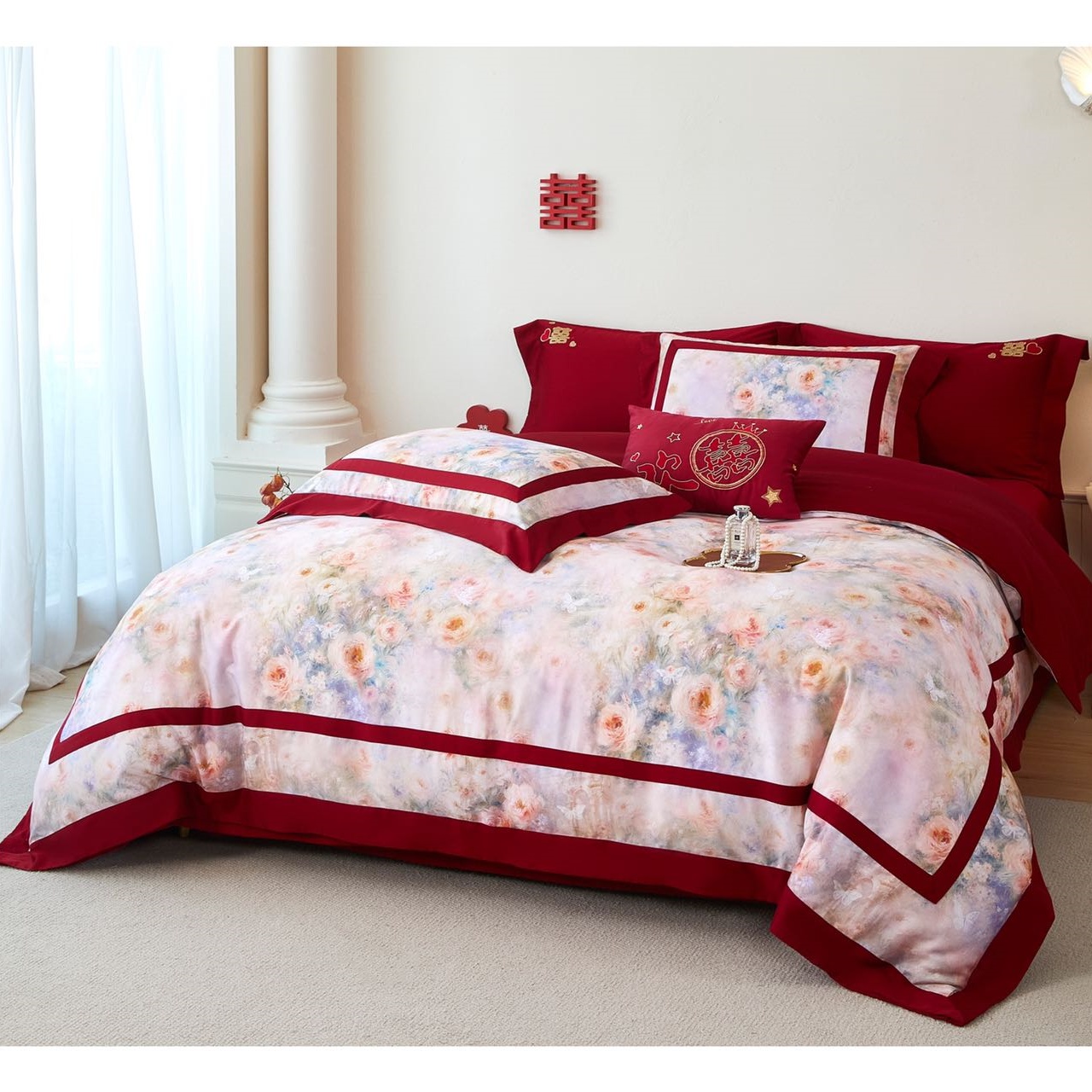 莱赛尔天丝磨绒双面刺绣印花结婚四件套中式简约婚房婚庆黄一恒