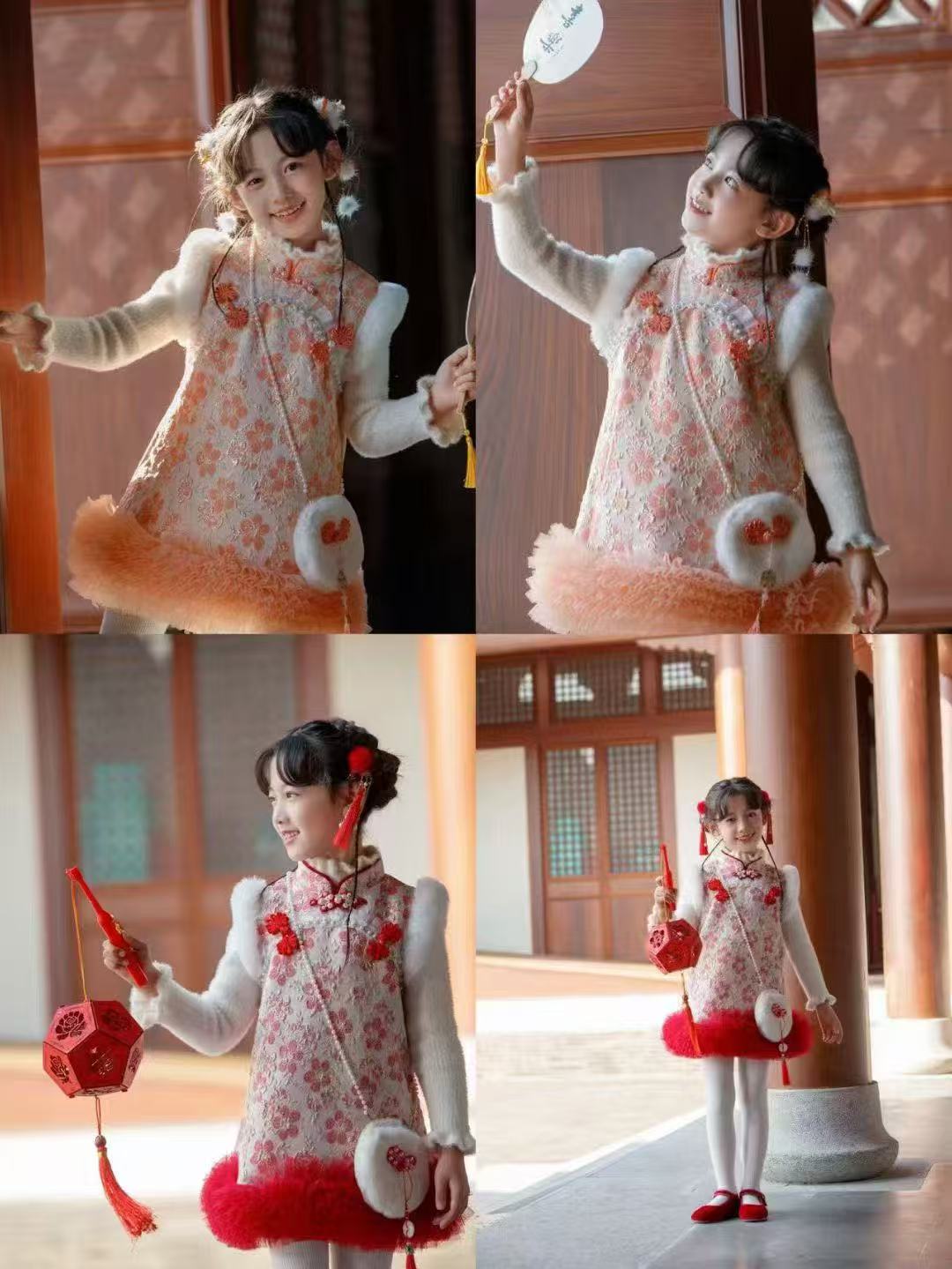 拜年服【小花旗袍-连衣裙套装】春款-女童长袖连衣裙