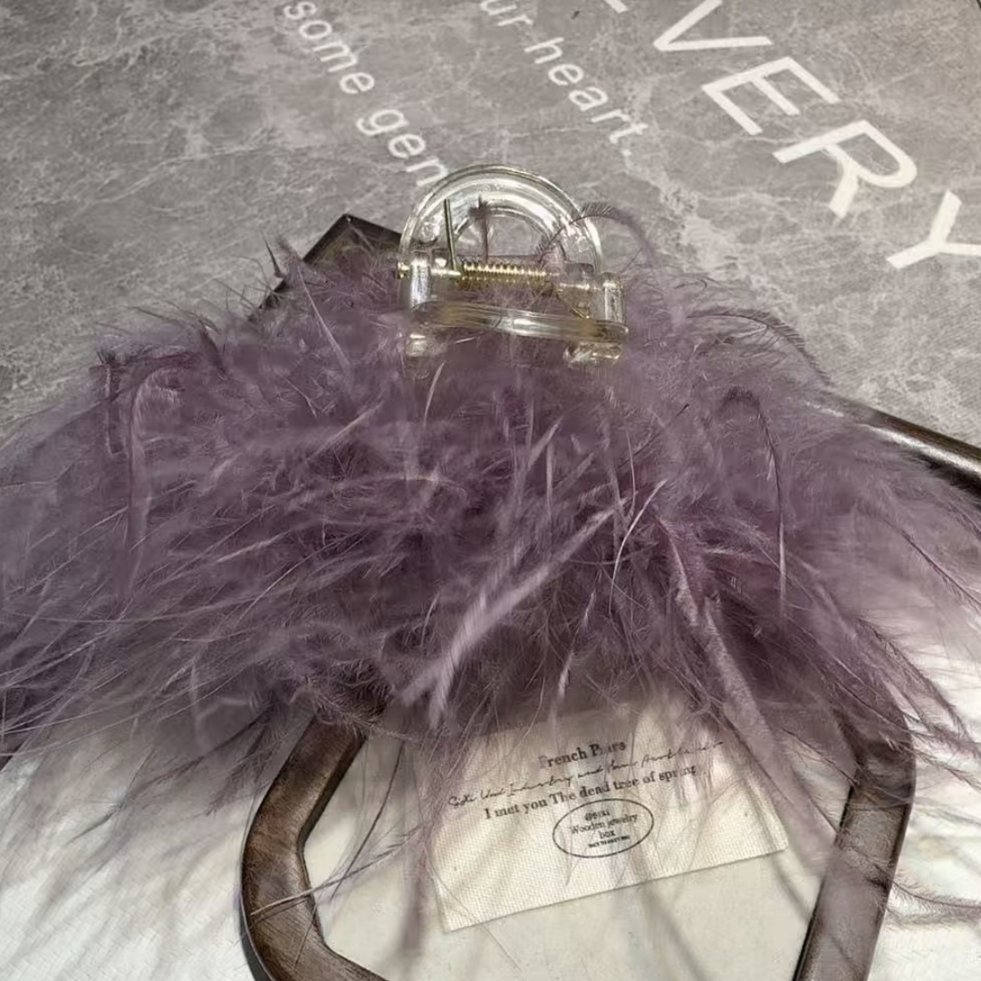 韩系温柔紫色羽毛流苏发夹秋冬时尚百搭抓夹头饰发饰新款