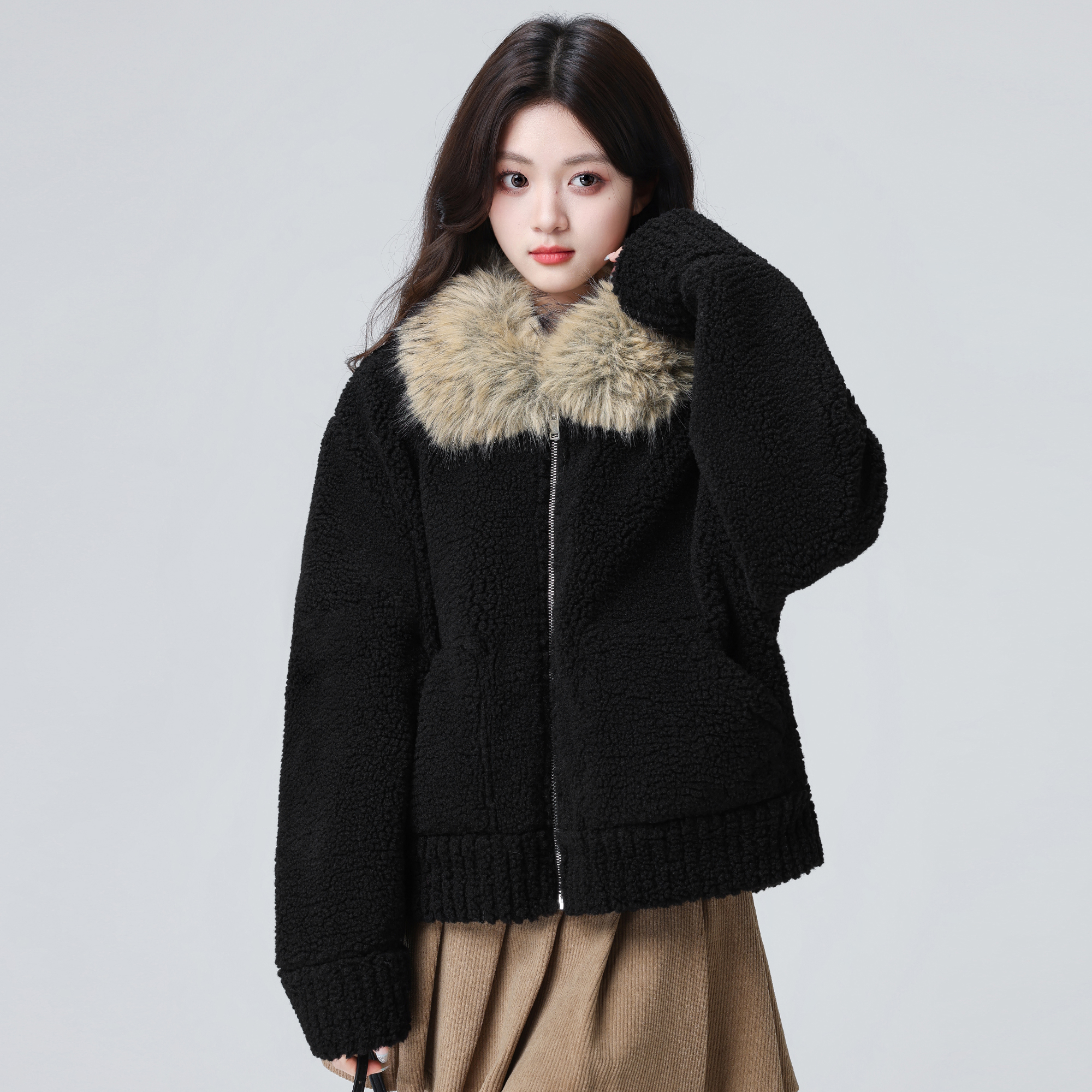 黑色毛领羊羔毛外套女秋冬2025冬新款摇粒绒宽松加厚保暖毛毛上衣