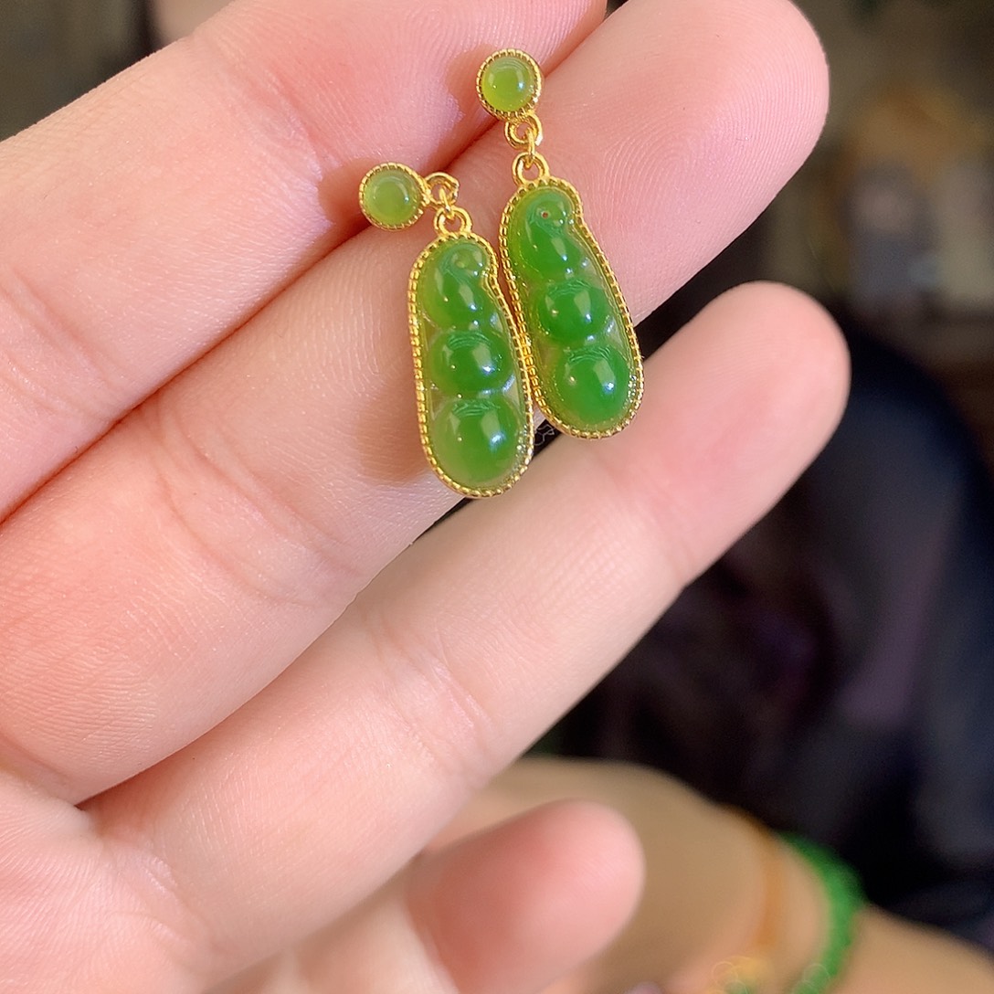 吊坠(不含链)银S925镶嵌和田玉（碧玉）耳饰