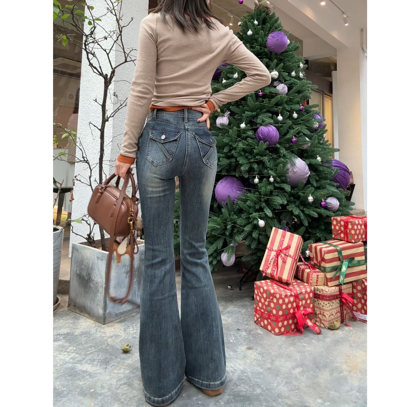 小众设计感口袋提臀显瘦弹力紧身拖地喇叭牛仔裤