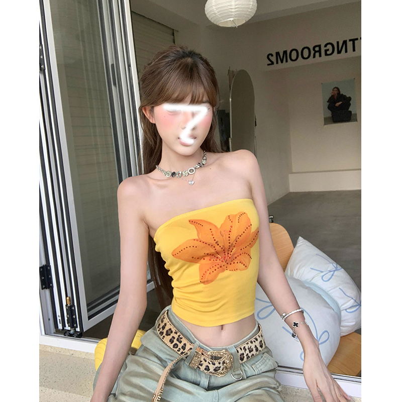 TWOMILLION美式复古辣妹花朵印花抹胸吊带背心女夏季新款紧身上衣