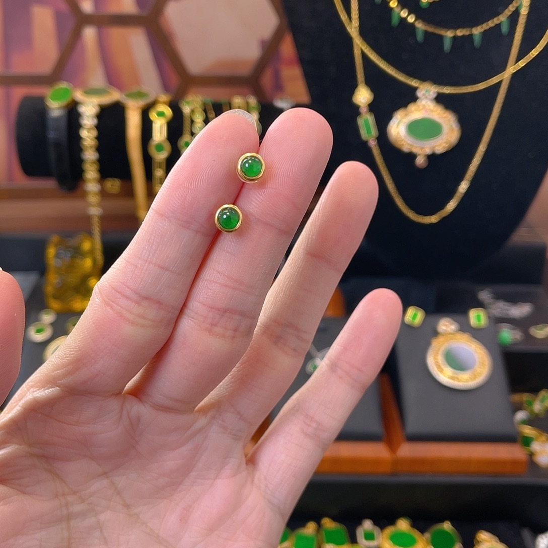 翡翠银S925镀金镶嵌耳饰