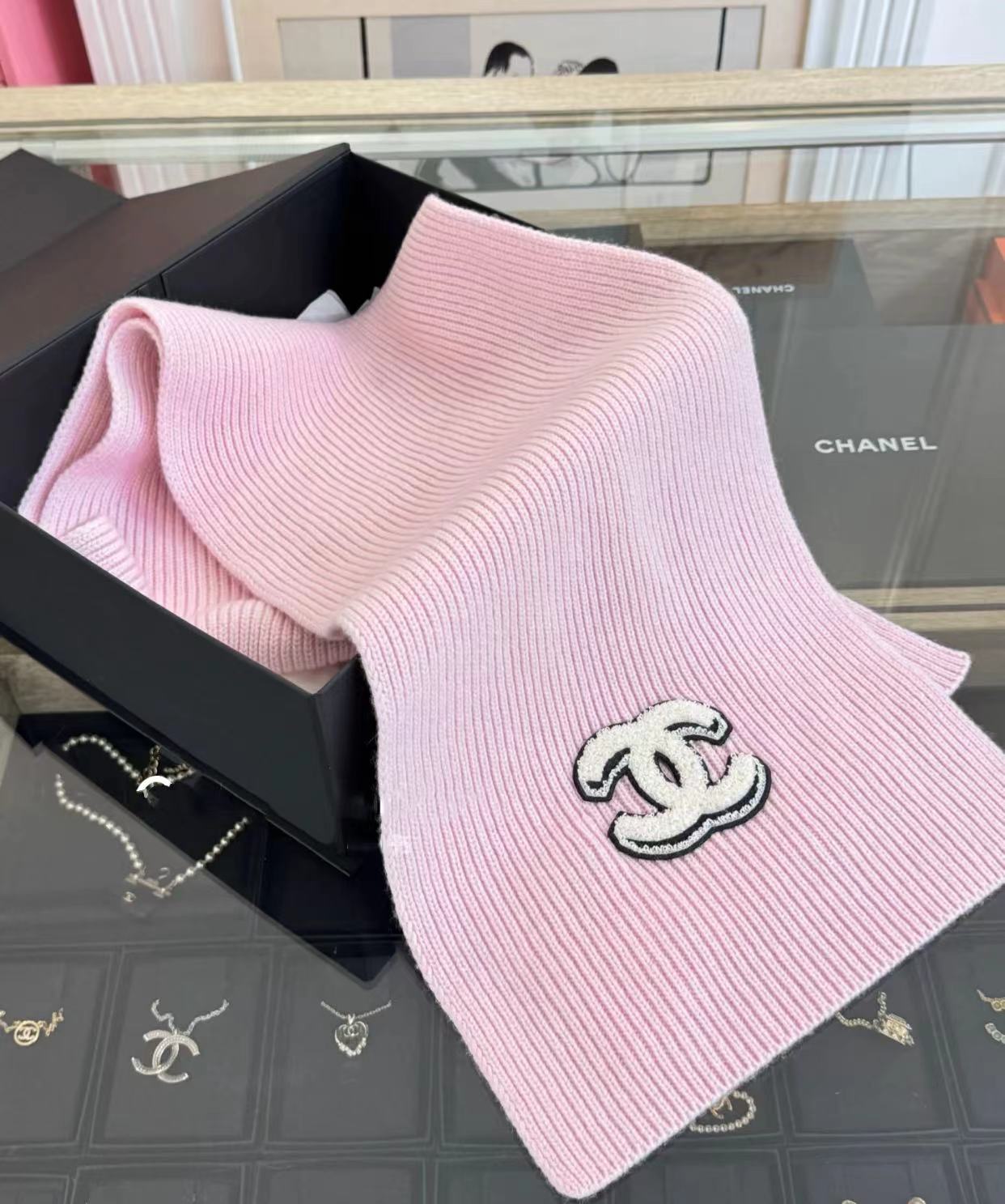 未使用 Chanel/香奈儿 25B粉色山羊绒围巾 全新全套 16649044