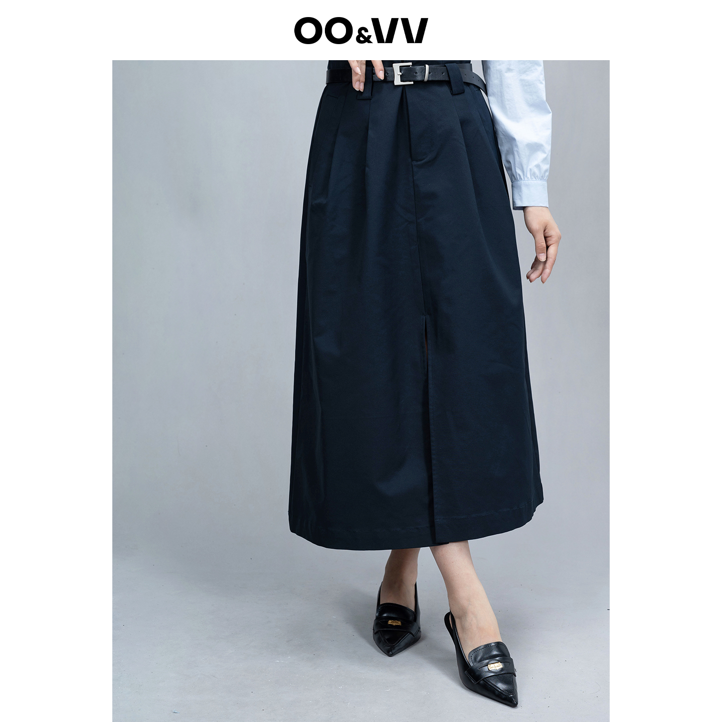 OO&VV纯色半身裙女2025秋新高腰显瘦中长款伞裙简约前开叉A字裙子