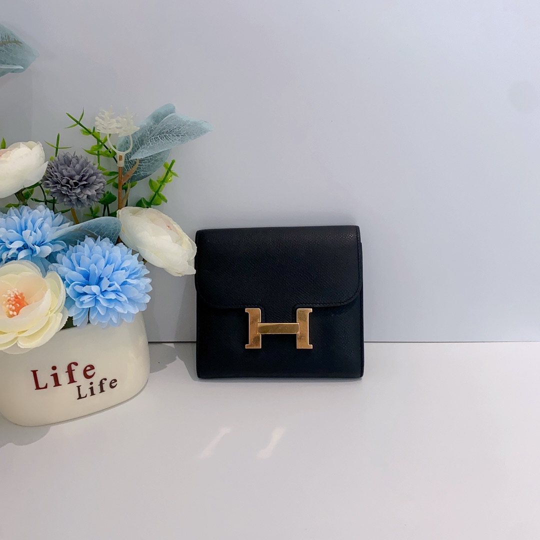 95新 Hermes/爱马仕 黑金康康钱包d刻14452240