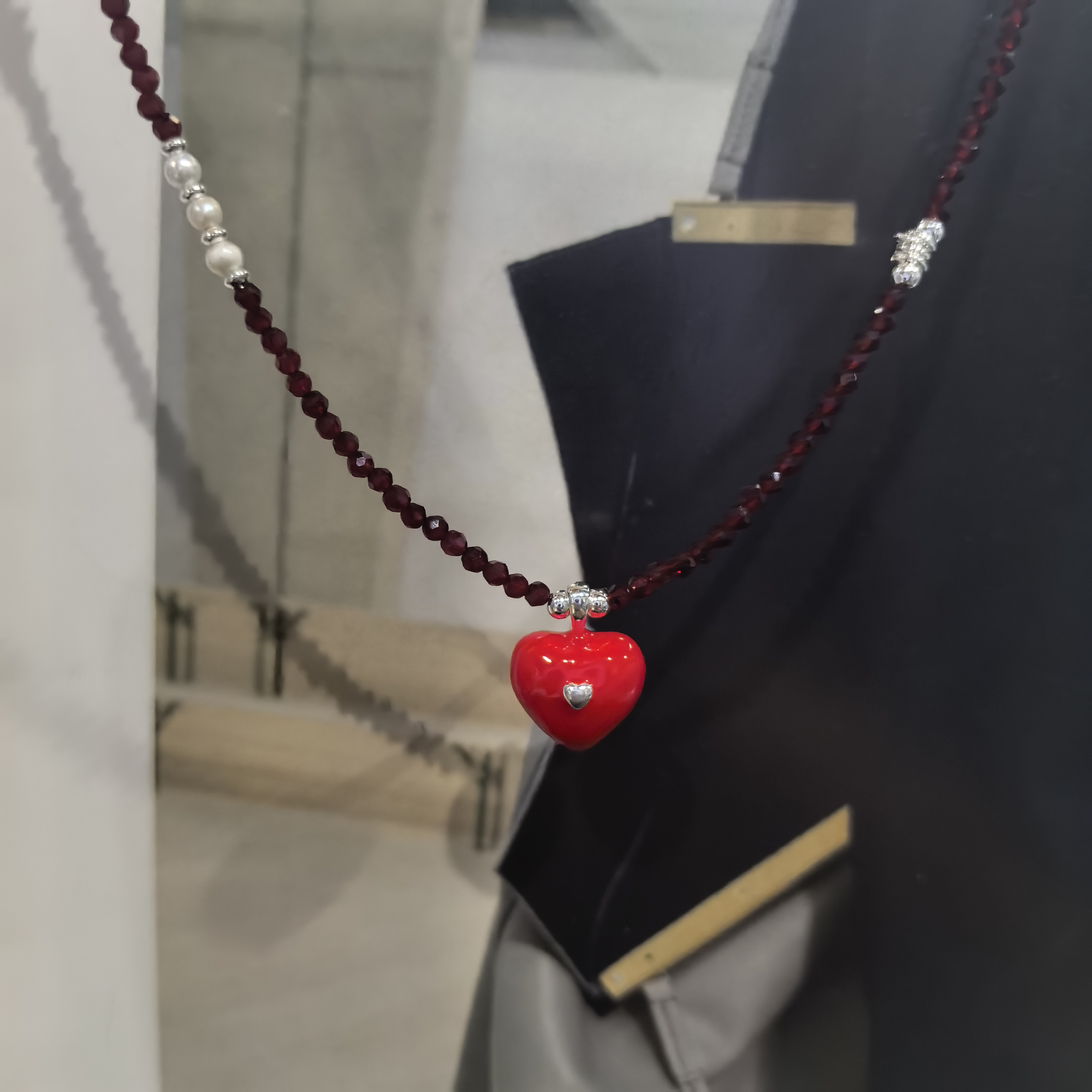 坠链均925银 波光粼粼日韩安可拉红色串珠甜酷-辣妹爱心项链1170