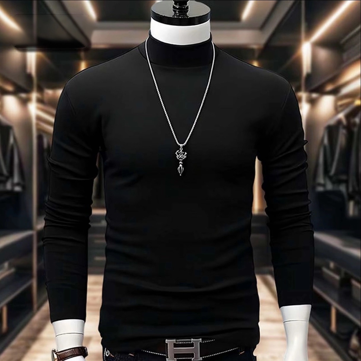 半高领打底衫长袖上衣男士秋冬韩版修身内搭双面德绒体恤衫潮流