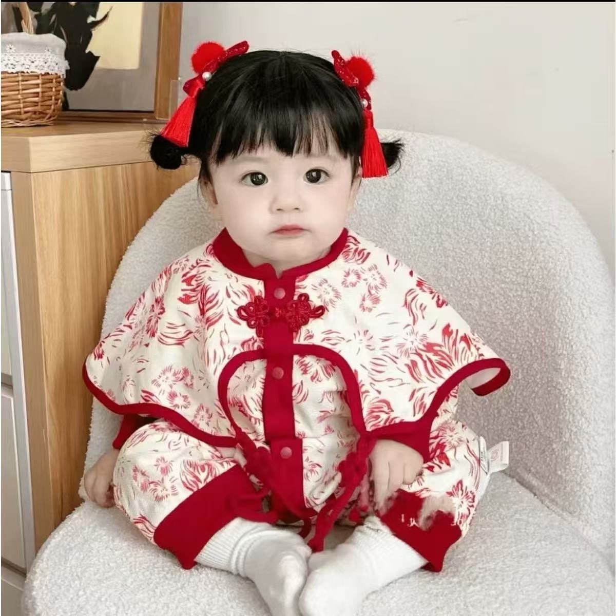 婴幼儿连体衣中国风加绒周岁女宝宝衣服秋冬夹棉喜庆新年爬服外出