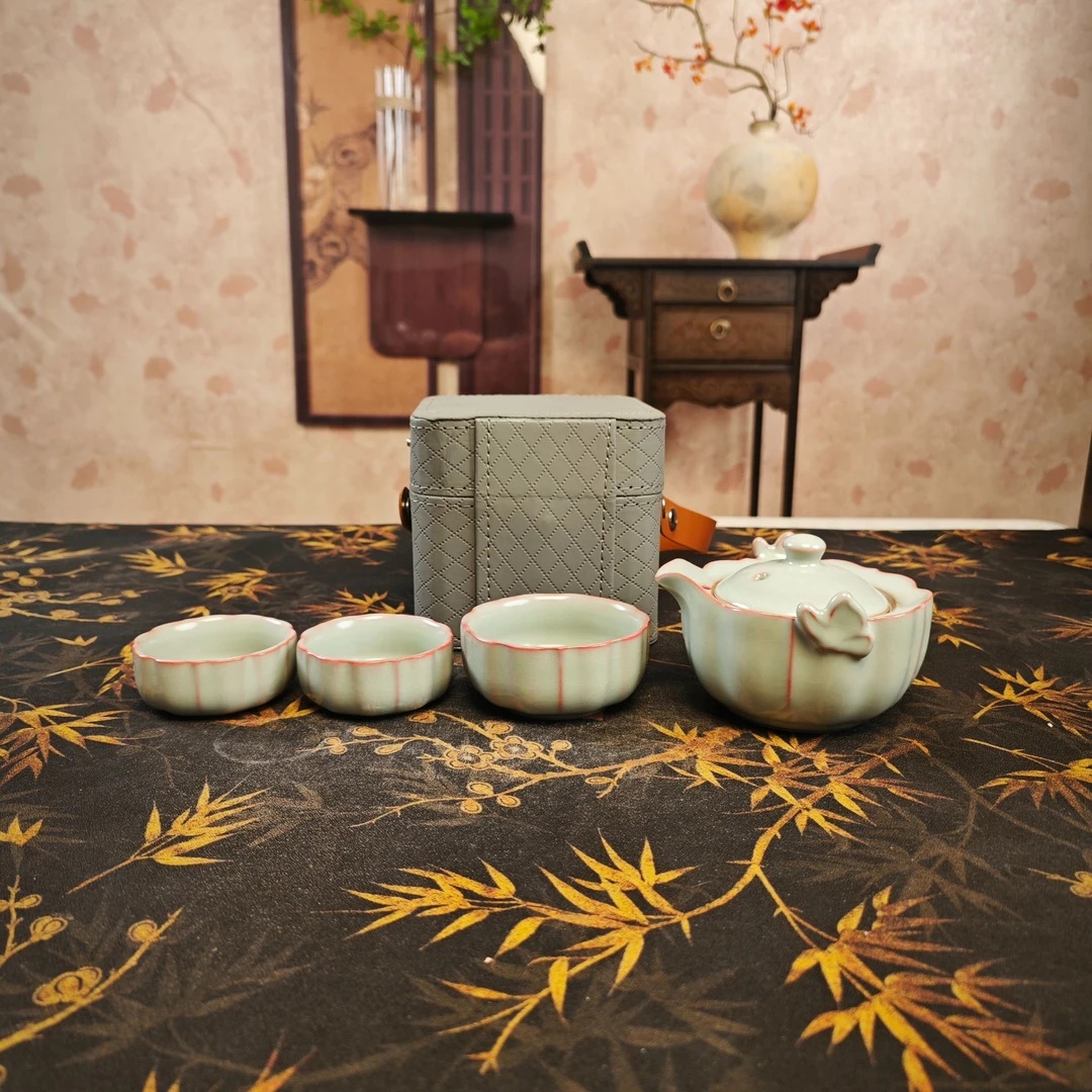 D汝窑金丝红线蝴蝶旅行套陶瓷礼盒装中式茶道茶具泡茶壶KK0572