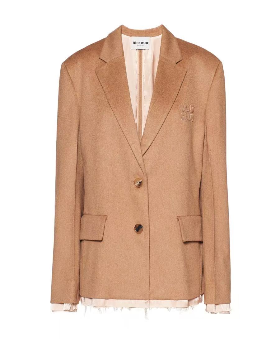 未使用 MIU MIU/缪缪 贴布logo翻领骆驼绒西装外套
